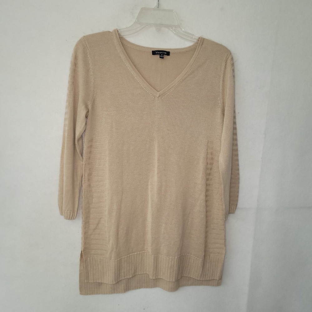 Vision 155 Sweater Womens Small Beige V Neck‎ Long Sleeve Sweater Tunic Top